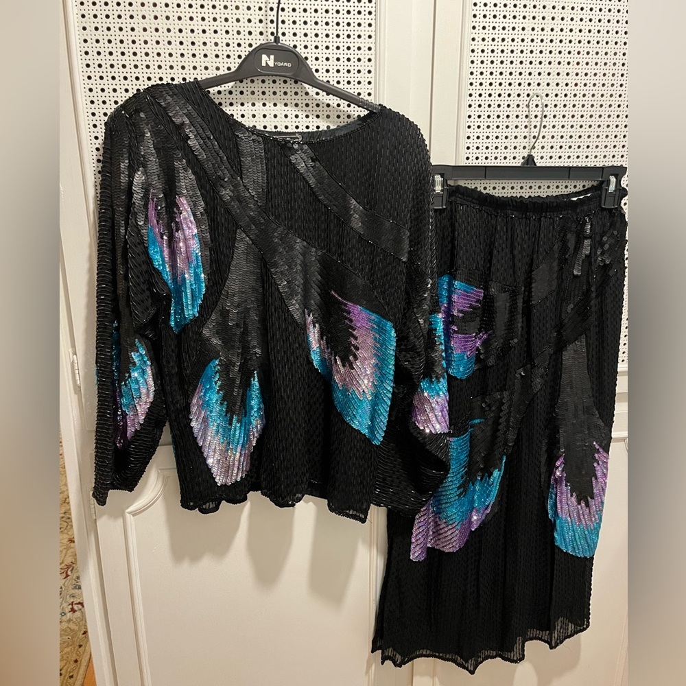 Black Sequin Top and Skirt Set with Blue and Purple Accents by Royal Feelings